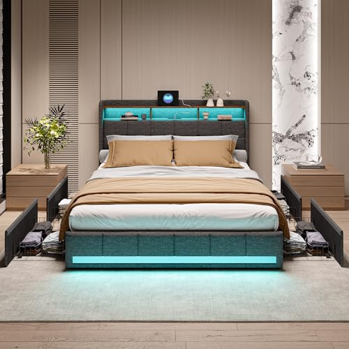 TIMORWTF Polsterbett Doppelbett 160x200 cm mit LED und USB, Boxspringbett Bettgestell mit Lattenrost,Bett mit Stauraum 4 Schubladen und Kopfteil, Leinen, Grau, Ohne Matratze