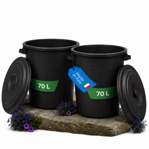 YourCasa Mülltonne 2 x 70L - Mülleimer mit Deckel - Tonne mit Trageriffen für Garten - Futtertonne oder Regentonne klein - Wassertonne Abfalltonne - kleine Universaltonne (Schwarz, 2 x 70 Liter)