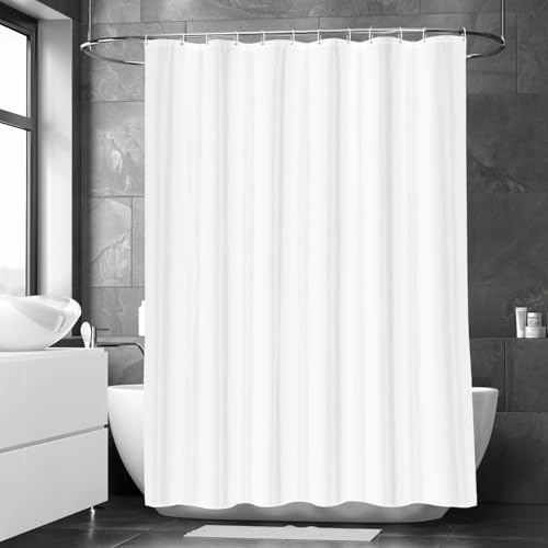 LUKDUNG 180 x 220 cortina de baño de poliéster textil, cortina de ducha antimoho para baño, cortina de ducha de tela impermeable lavable, cortina de ducha con 12 ganchos, color blanco