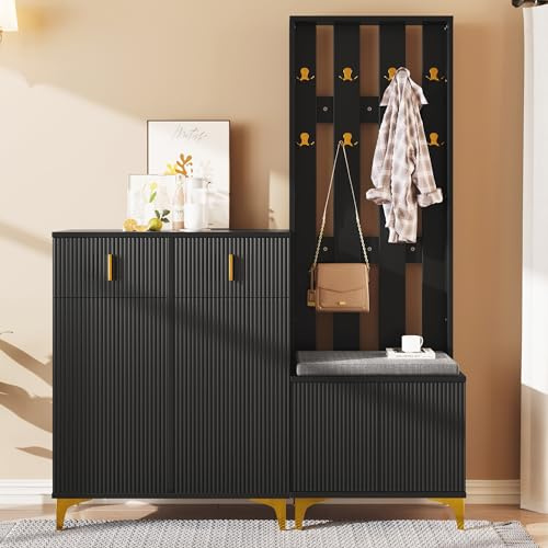 Gxffipw Coat Stands for Hallway Set with Shoe Bench and Cushion, Coat Rack with Shoe Storage and Hooks, Hallway Furniture Set with Drawers and Doors, Storage Unit, Black, 143.5x35.2x180.5 cm