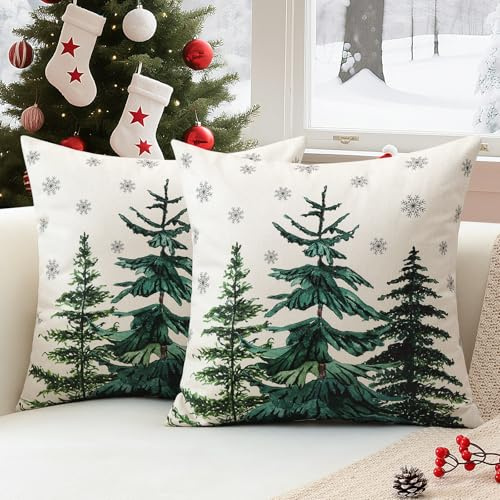 Sungeek 2er Set Weihnachten Kissenbezüge, Dekorative Zierkissenbezüge Winter Kissenbezug Weihnachtsdeko Kissenhülle für Sofa Schlafzimmer Wohnzimmer (40x40 cm, Weihnachtsbaum Schneeflocken)