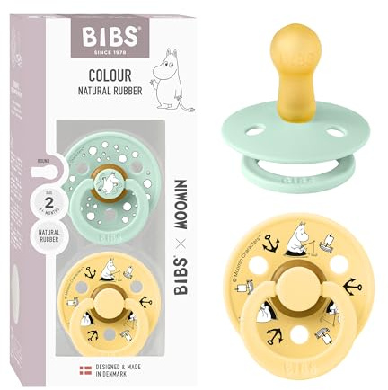 Moomin x BIBS Colour Dummy, 6-18 Months, 2-Pack, Nordic Mint/Pale Butter | Round Natural Rubber Teat | Size 2 | BPA-Free | Made in Denmark | High Teat Acceptance | Airflow Holes | Comfort Shield