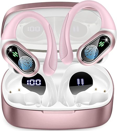 Cuffie Bluetooth Sport, Auricolari Bluetooth 5.3 Wireless con 4 ENC Cancellazione Rumore Mic, 50 Ore HiFi Stereo Cuffie Wireless, IP7 Impermeabile, Cuffiette Bluetooth con LED Display, USB-C, Rosa