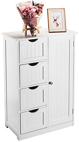 Bonnlo Badezimmerschrank Badezimmerkommode Badschrank mit 4 Schublade & 1 Schrankfach mit höhenverstellbaren Böden, Aufbewahrungsschrank aus MDF, für Badezimmer Küche Wohnzimmer, 56x30x82 cm Weiß