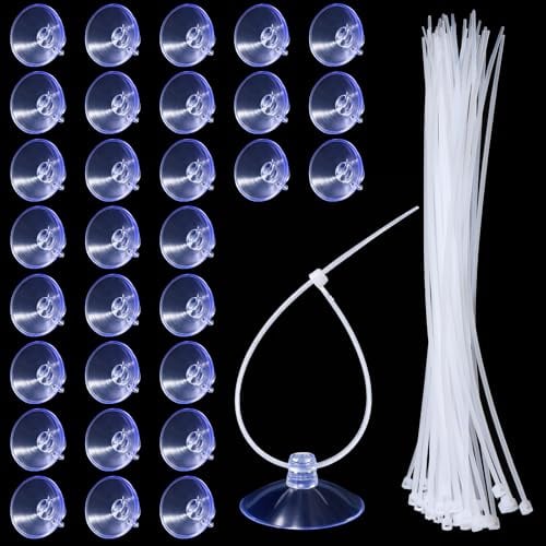 30PCS Aquarium Suction Cups and 50PCS Adjustable Zip Ties, Fish Tank Suction Cups 35mm Fish Tank Accessories for Binding Aquarium Plant Holder Fishs Tanks Plant Moss Shrimp Nest Landscape Fixation