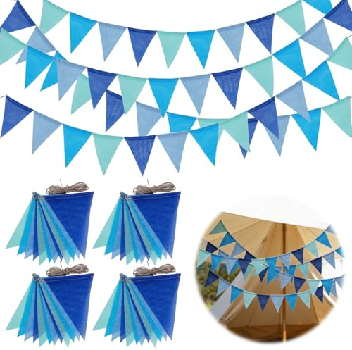 48 Stück Wimpelkette Outdoor Blau, Wimpel Girlande Wimpelkette | Outdoor Wetterfest, Girlande Wetterfest, Wimpelgirlande Wimpelketten Blau für Outdoor Geburtstag Babyparty Gartenparty Deko