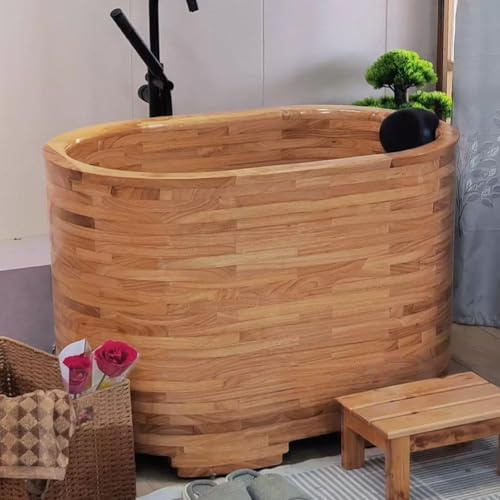 PA-DABAOO Japanische Badewanne, Massivholzbadewanne Für Home Spa. Tiefe Badewannen Mit Sitz, Badehocker, Rückenlehne Und Abflussrohr. Kleine Handgefertigte Holzbadewanne Zur Entspannung,1.1m