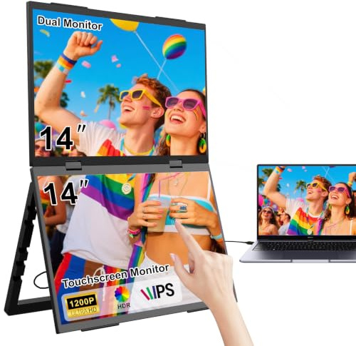 Showscreen 14 Zoll Dual Touchscreen Tragbarer Monitor, 1920×1200 IPS 99% sRGB Faltbarer Erweiterungsbildschirm, USB-C & Mini-HDMI, für Laptop Mac PC, Büro, Programmierung & Trading