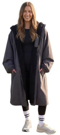 OHS Rain Coats for Men Women, Oversized Waterproof Jacket Fleece Lining Women's Jackets Drying Robe with Hood & Pockets Lightweight Ladies Jacket Changing Robe Outdoor Travel, Charcoal Grey - S/M