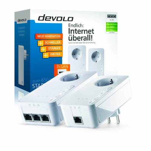 Devolo dLAN 650 triple+ Starter Kit PowerLAN-Adapter (600 Mbit/s, 2 Adapter im Set, 3x GB LAN Port, Steckdose, Datenfilter, Netzwerk, Powerline) weiß