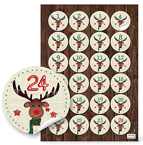 Zahlenaufkleber Adventskalender, 24 Stück: Zahlen Kalender 1 bis 24, Sticker Rentier, Aufkleber Weihnachten, Zahlenaufkleber Kinder, Adventskalenderzahlen zum Aufkleben, Etiketten Ziffern Rund, Ø 4 cm
