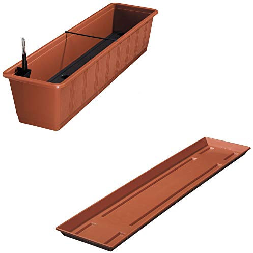 Balkonkasten Aqua Green Plus mit Bewässerung und passendem Untersetzer, Farben:Terracotta, Länge:80 cm