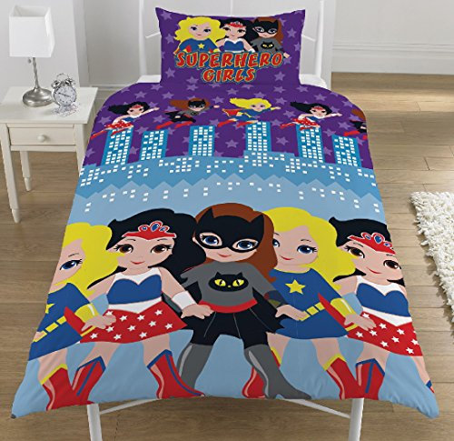 KidCollection Superhero Girls Reversible Duvet Cover Set (Double, 5 Piece Set with 3 Pillowcases)