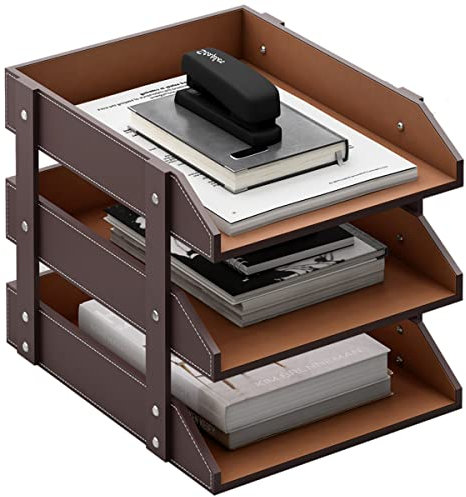 Leather Desk Organizer, Thipoten 3-Tier Stackable Letter Tray Holder for Office Supplies, Paper, File, Magazine, Perfect Office Organization for Desktop (Brown-3Tiers)
