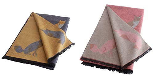 UK_Stone Damen Fuchs Pattern Schal Halstuch Gross Poncho mit Quaste (Blau+Pink)