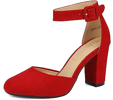 DREAM PAIRS Womens High Heels Closed Toe Court Shoes Block Ankle Strap Ladies Sandals for Wedding Angela Red Suede Size 10 US / 8 UK