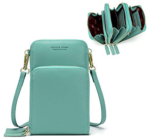 myfriday Kleine Umhängetasche Damen Kunstleder Crossbody Schultertasche Handtasche Geldbörse Handytasche 3 Reißverschlüssen Brieftasche mit Kartenfächern für Handys bis zu 7 Zoll