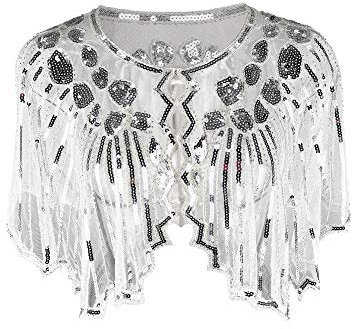 Grouptap 1920s silver white gatsby shawl bolero sequin cape shrug wrap for women ladies flapper art deco vintage dress costume (White, One Size)