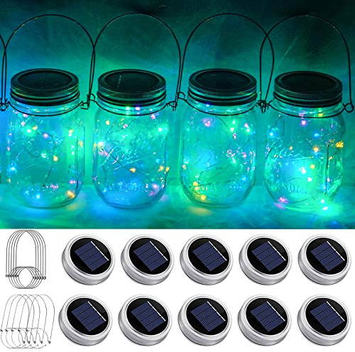 Solar Mason Jar Lights 10 Pack 20 LED Waterproof Outdoor Fairy Firefly String Light Lids with 10 Hangers Rust Resist for Patio Lawn Garden Wedding Lantern Decor No Jars (Multi)