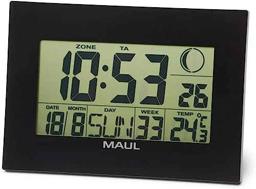 Maul Digitale Wanduhr MAULflow | Uhr mit Temperatur-, Zeit-, und Datumsanzeige | ideal als Wecker und Kalender | Wecker digital mit Snooze-Funktion | große Zahlen zur Übersicht | Schwarz, 23 x 16 cm