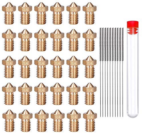 HAWKUNG 40 Piezas Kit de limpieza de Boquillas de Latón para Impresora 3D, 30 Piezas Boquillas de Extrusora V6 de 0.4 mm + 10 Piezas Agujas de limpieza de Acero Inoxidable para Impresora 3D Makerbot