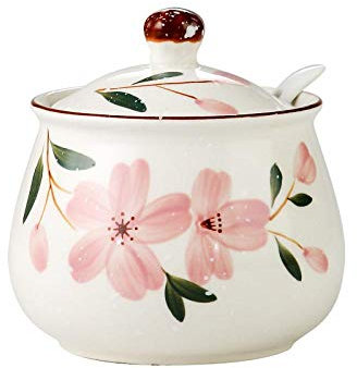 Ceramic Japanese Hand Painted Flower Sugar Bowl Seasoning Jar with Lid Spoon