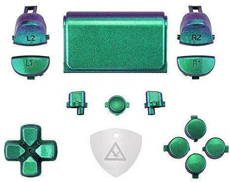 eXtremeRate Ersatz Knöpfe für ps4 Controller JDM-040/050/055, Glossy DIY-Tasten Set D-Pad/R1 L1 R2 L2 Triggers/Touchpad/ps/Share/Option Buttons & Werkzeug für ps4 CUH-ZCT2 Controller-Grün Lila