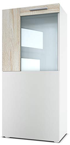 Vladon Stand-/Hänge Vitrine Movie, Weiß matt/Eiche sägerau - Moderne Glasvitrine - (BxHxT): 50,5 x 111 x 32,5 cm