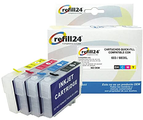 refill24 Wiederbefüllbare Tintenpatronen mit Auto Reset Chips kompatibel für 603, 603 XL schwarz, cyan, magenta, gelb XP- 2100, 2105, 3100, 3105, 4100, 4105, WF- 2810, 2830, 2835, 2850