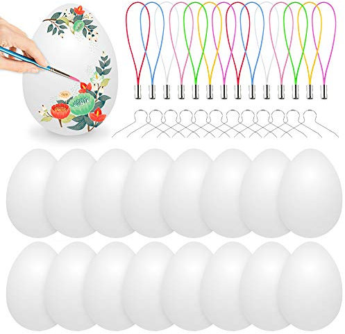Ostereier Deko Plastik weiß,24pcs Kunststoff Eier 6 cm Dekoeier Kunststoffeier zum Basteln Deko Ostern, Plastikeier Ostereier mit Aufhänger für Kunsthandwerk malen hängend