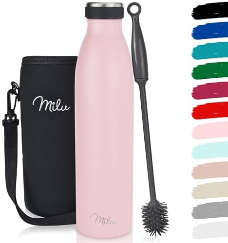 Milu Gourde en acier inoxydable 350 ml 500 ml, 750 ml, 1000 ml, 1,5 l – Bouteille isotherme, bouteille d'eau isolée, double paroi anti-fuite, convient aux acides carboniques (Rose, 1L)