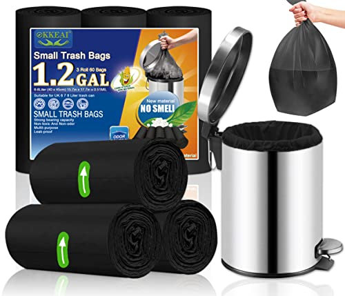 OKKEAI Bolsas de basura pequeñas negras para baño, bolsas de basura de 8 l, 60 bolsas de basura de plástico para inodoro, dormitorio, cocina, oficina, se adapta a cubos de basura de 6 a 10 L