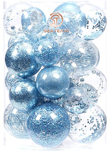 Sea Team Weihnachtskugel-Set aus transparentem Kunststoff, bruchsicher, Verschiedene Größen, dekorative Weihnachtskugeln mit zarten gefüllten Dekorationen (25 Stück, Babyblue)