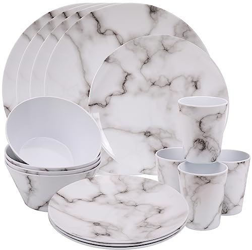 Trimming Shop 16pcs Melamine Dinner Set | Plates, Dessert Plates, Bowls & Cups | Marble Dining Set | Party Dinnerware | Service for 4 | Reusable Dinnerware Set for Indoor, Outdoor, Picnic & Camping