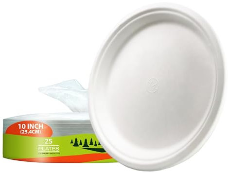 100% Compostable 10 Inch Eco Plates - 25-Pack High Strength Plates, Eco-Friendly Biodegradable Bagasse Plates