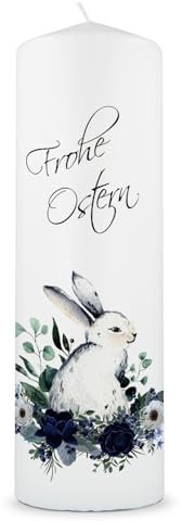 GRAVURZEILE Bedruckte Kerze - Osterkerze Osterhase mit Blumen - Christliche Kerze mit Hase & Blumen Motiv als Geschenk - Hochwertige Stumpenkerze 250/80 mm - Geschenkidee zu Ostern Ostergeschenk