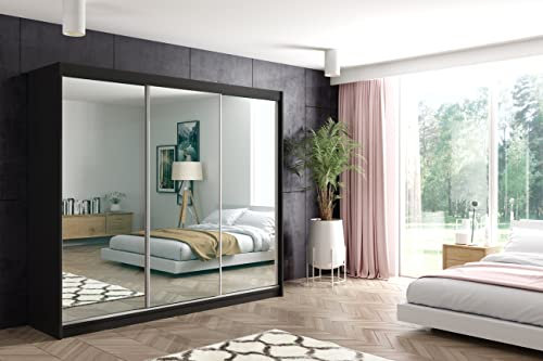 ALTDECOR Kleiderschrank mit Spiegel und Schiebetüren, kugelgelagerte Führungsschienen und Aluminium-Leisten, LED-Beleuchtung (weiß + 16 Farben) und Fernbedienung - DEBI - 240 cm Schwarz