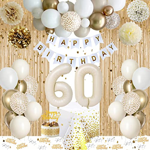 60 Geburtstag Deko, 60 Geburtstagsdeko Frauen Mann, Weiß Gold Party Deko 60 Luftballon, 60 Geburtstag Frauen Männer, Happy Birthday Girlande, Geburtstags Tischdeko, Konfetti Luftballon für Frauen Mann