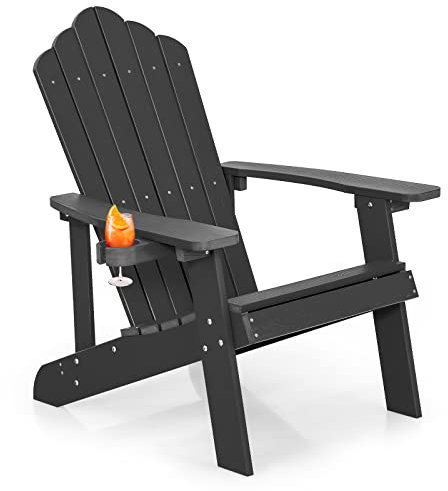 KOMFOTTEU Adirondack Stuhl mit Getränkehalter, Gartenstuhl mit Rücklehne & Armlehnen, Gartensessel wetterfest & ergonomisch, Relaxstuhl bis 170 kg für Balkon, Garten, Strand (Schwarz)