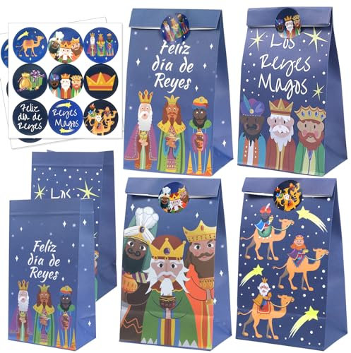 DPKOW 12pcs Reyes Magos Regalo Bolsas con Etiqueta Pegatinas, Papel Navidad Fiesta Bolsas Reyes Magos Embalaje Bolsas, España Reyes Magos Dulce Caramelo Pastelería Bolsas por Reyes Magos Suministros