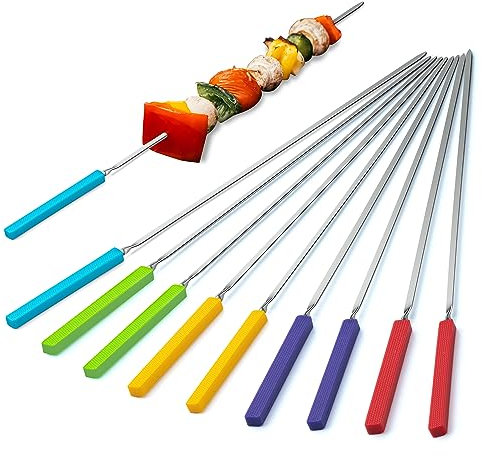 Lot de 10 brochettes de barbecue avec poignée en silicone, 405 mm de long, brochettes en acier inoxydable, réutilisables pour griller, barbecue, sac de rangement inclus (10 Pièces, Multicolores)