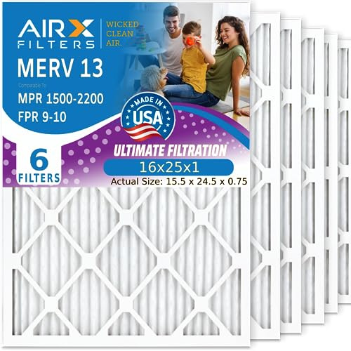 Airx Filters Luftfilter, 16 x 25 x 1, für saubere Luft, MERV 13, elektrostatisch, plissiert, 6 Stück, HVAC AC Ofenfilter, 16 x 25 x 1