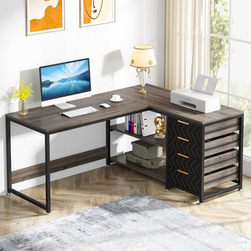 Tribesigns Schreibtisch mit 4 Schubladen, L-förmiger Computertisch mit 2 Ablagen, Reversible Eckschreibtisch für Büro,Arbeitszimmer, Wohnzimmer,150×110×75cm (grau)