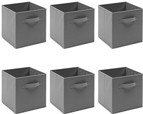 6 PCS Folding Collapsible Storage Cube Boxes for Kids Toy Clothes with Handle, Foldable Kids Canvas Unit Cube Organiser Basket Bin for Nursery Children Bedroom Wardrobe (Pack of 6, Grey)