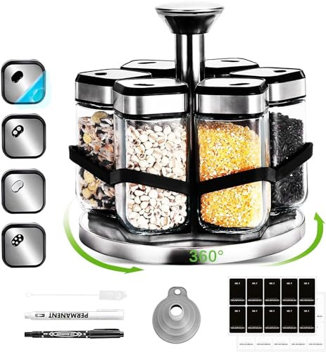 SIAZIH Carrousel à épices rotatif à 360° avec 6 pots à épices de 120 ml, taille réglable à 360°, étagères à épices délicates en acier inoxydable, stockage des épices de base pour les débutants