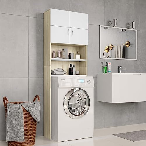 prissent Meuble pour lave-linge Blanc et chêne Sonoma 64 x 25,5 x 190 cm Meuble lave-linge pour salle de bains ou buanderie