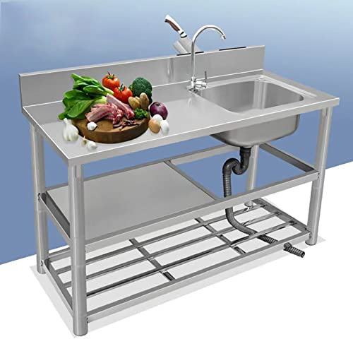 Edelstahlspüle, Küchenspüle, 1 Spüle mit Gastro-Arbeitsplatte, Spüle mit Rührwerk, komplette Spüle mit Doppelzelt für Werkstatt, Restaurant, Außengarten, Länge 90 cm (35,4 Zoll), rechts