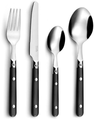 KROWN - Set 16 Cubiertos Acero Inoxidable 25 cm - 1,2 mm Bicolor, 4 Cucharas, 4 Tenedores, 4 Cuchillos y 4 Cucharillas Postre, Apto para Lavavajillas (Negro)