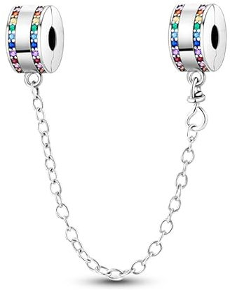 Safety Chain Wedding Mom Mum Newborn Lucky Rainbow Cat Charm Bead Pendant 925 Sterling Silver Compatible With Pandora Charm Moments Bracelet (Double Rainbow Crystal Safety Chain)