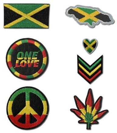 Set of 7 Jamaica Embroidery Patch Iron on or Sew on Embroidered Motif Transfer Jamaican Flag map Heart one Love Rasta Peace